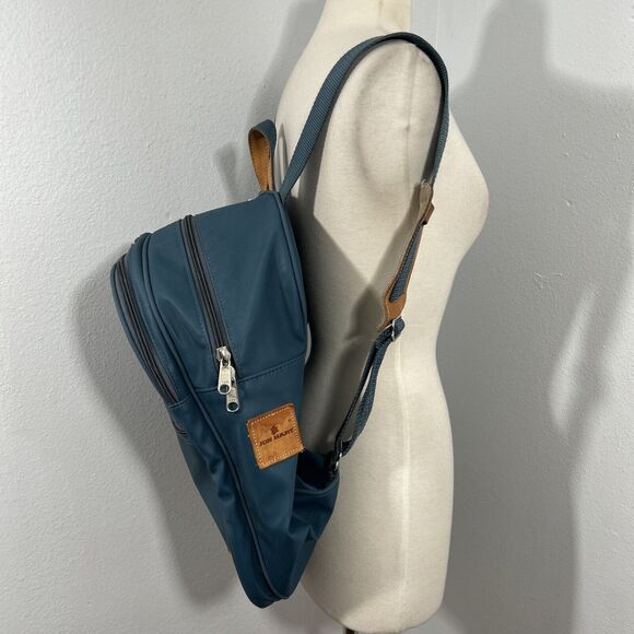 Jon Hart Design Backpack Adults Blue Coated Canvas Leather Trim - Picture 2 of 16